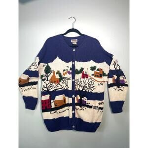 Vintage Cottagecore Sweater X Large Snowy Village Ruff Hewn Oversized Button Up